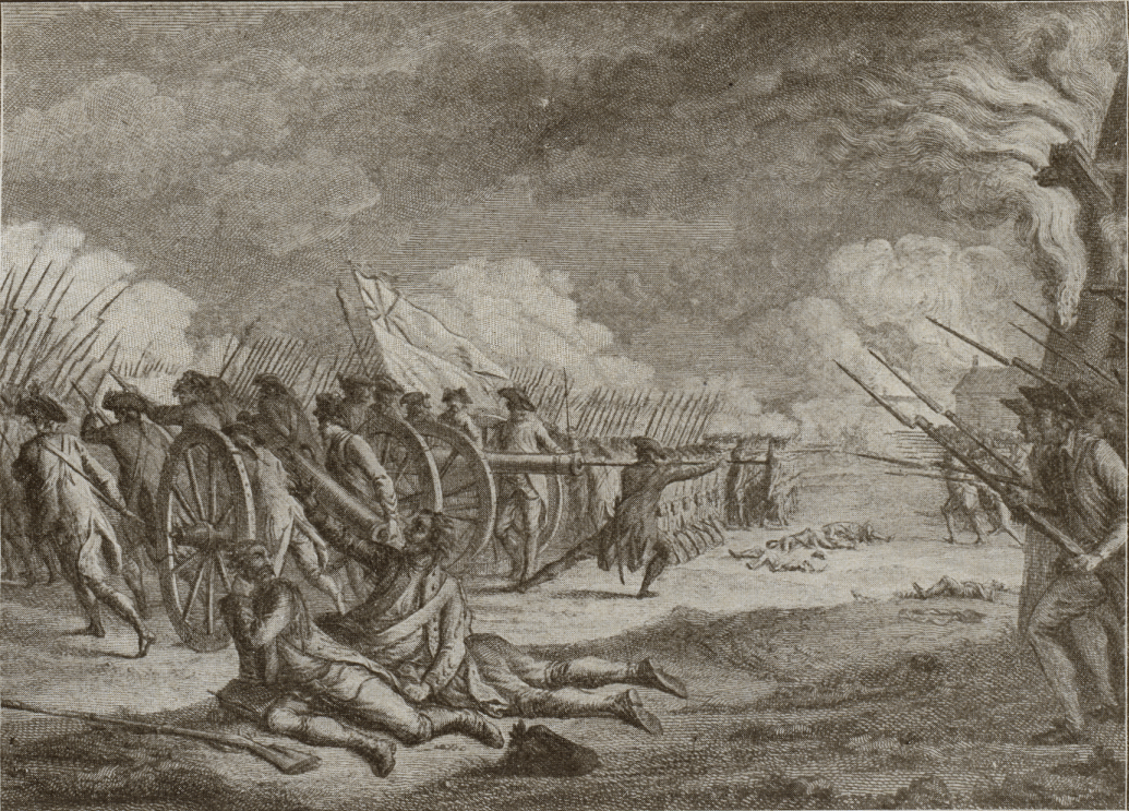 Soldiers facing each other on a town green in one of the first battles