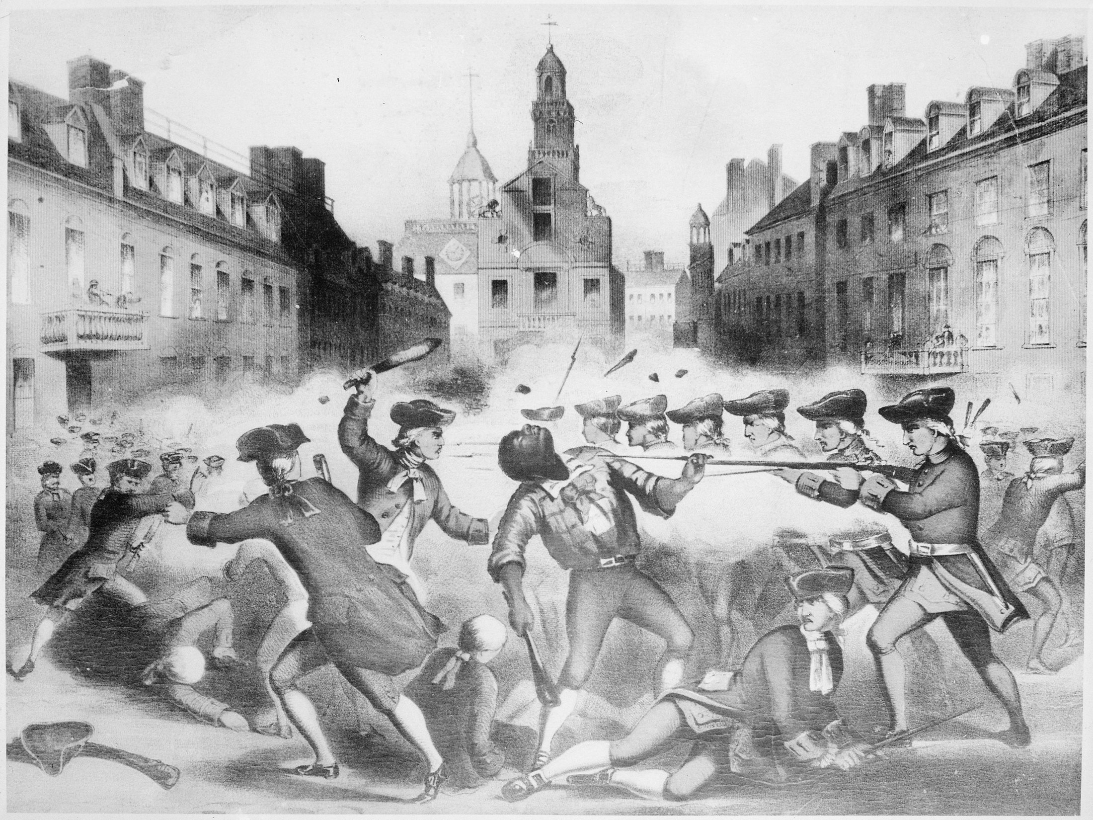 A drawing of British soldiers and angry people in the streets of Boston