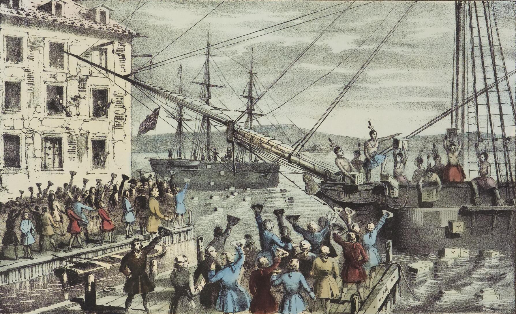 People throwing big boxes of tea off a ship into the water at night
