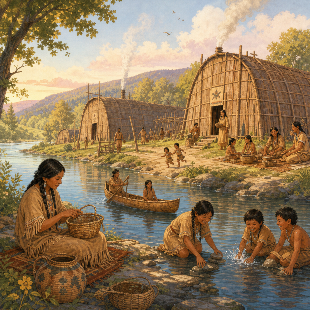 A peaceful village with longhouses by a river, with people and children