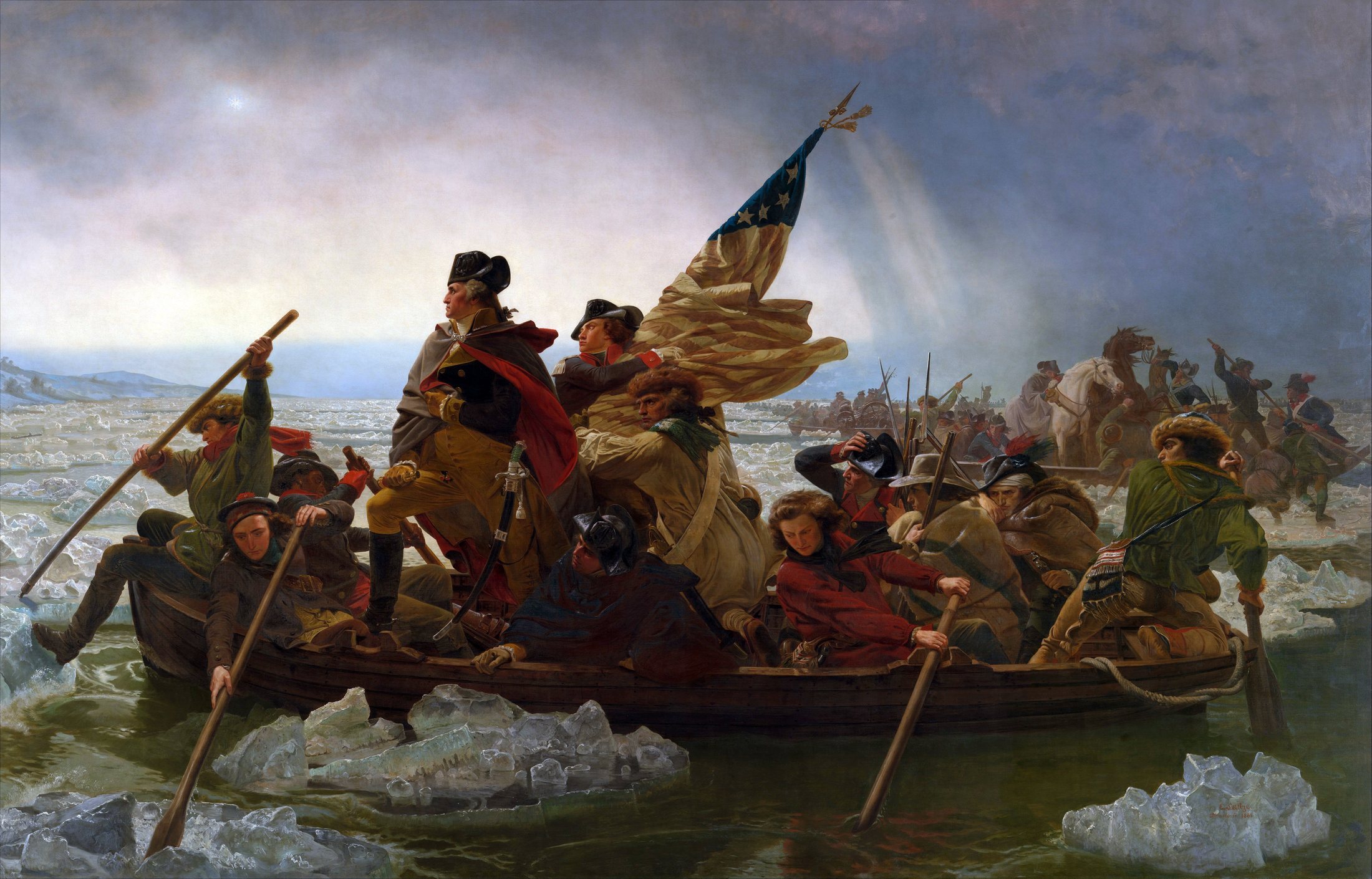 George Washington standing bravely in a boat crossing an icy river at night