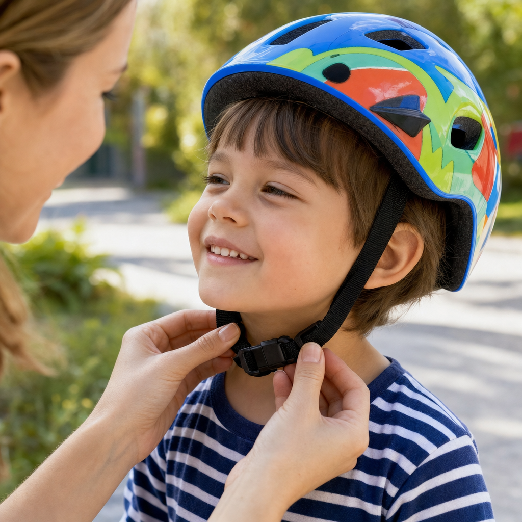 A grown-up gently buckling a young child's colorful bicycle helmet strap.