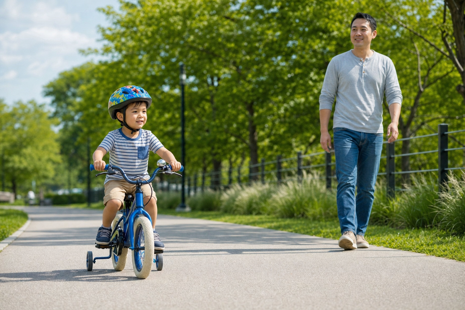A helmeted young child riding slowly on a wide park path while a walker gives space nearby.
