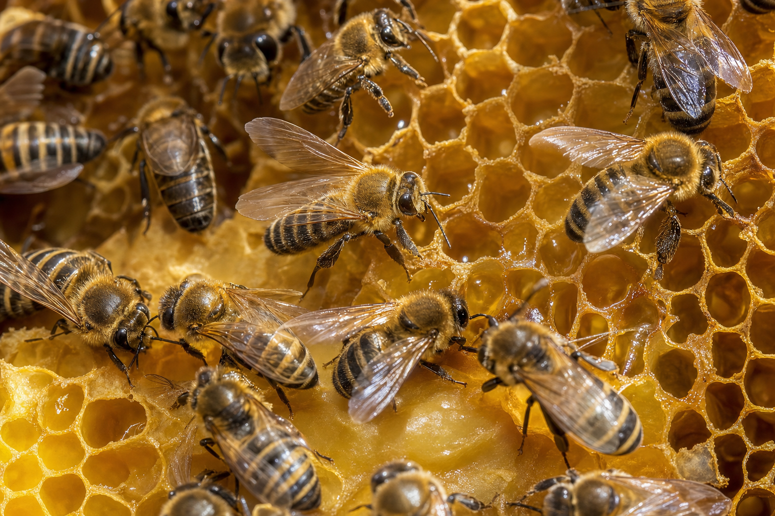 Worker honey bees on golden honeycomb cells, with wings spread near uncapped honey cells