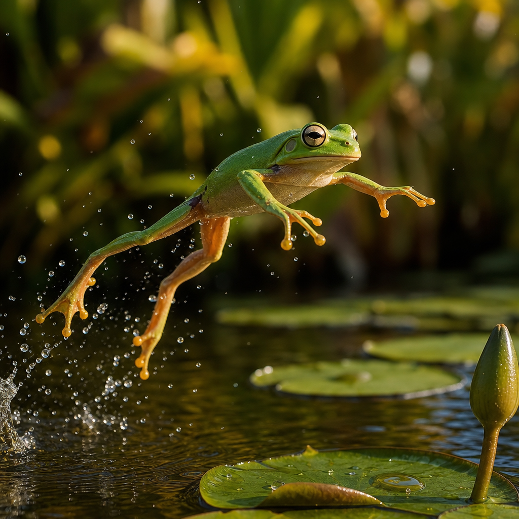 A bright green tree frog leaping above a pond