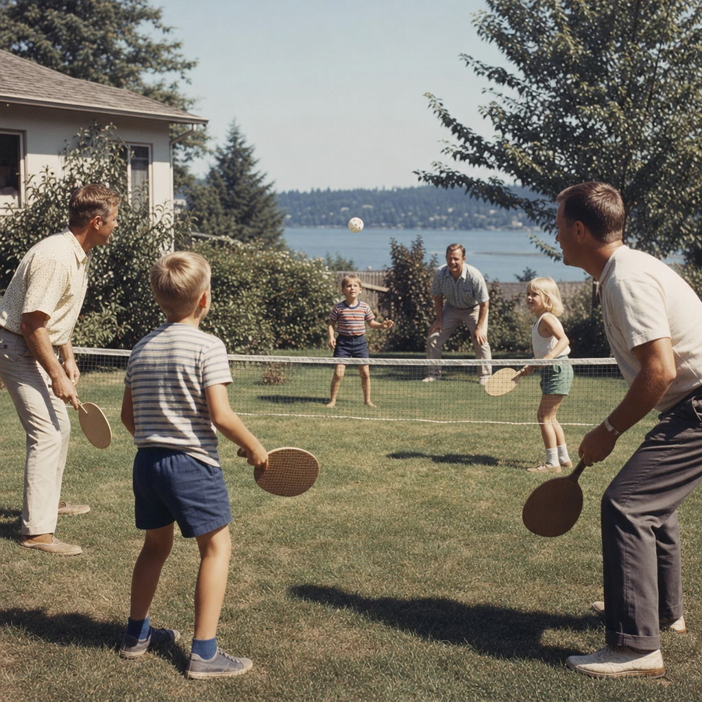 Illustration of three dads and their kids playing a new game with ping-pong paddles and a wiffle ball over a lowered net in a sunny 1960s backyard