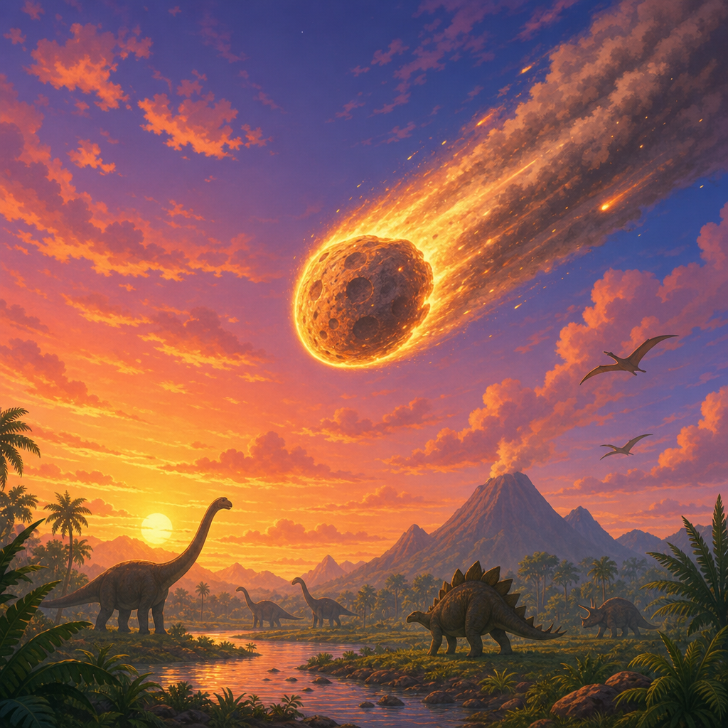 Illustration of a large asteroid streaking through a colorful sky above a prehistoric landscape with dinosaur silhouettes