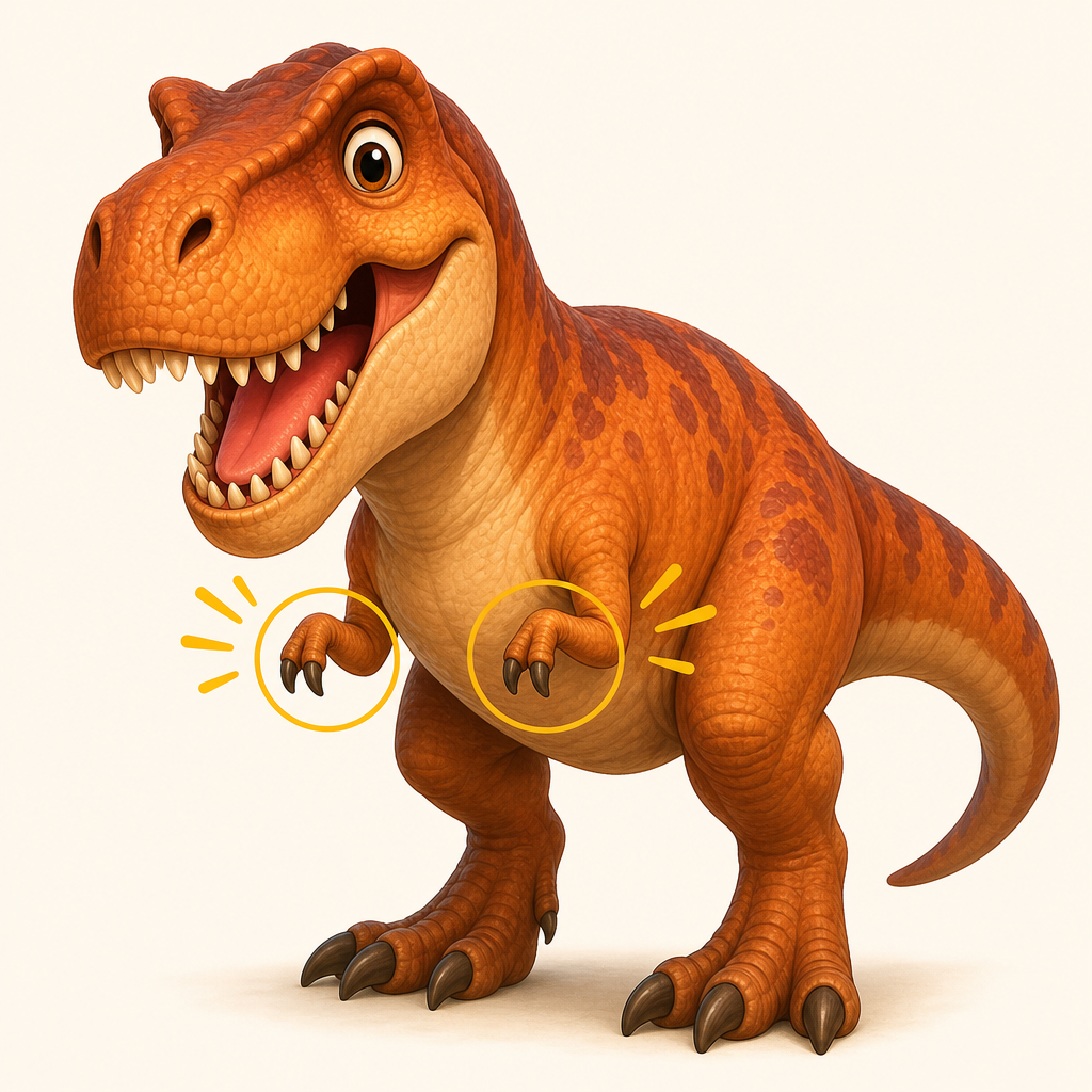Colorful illustration of a T. rex with its tiny two-fingered arms clearly visible against its massive body