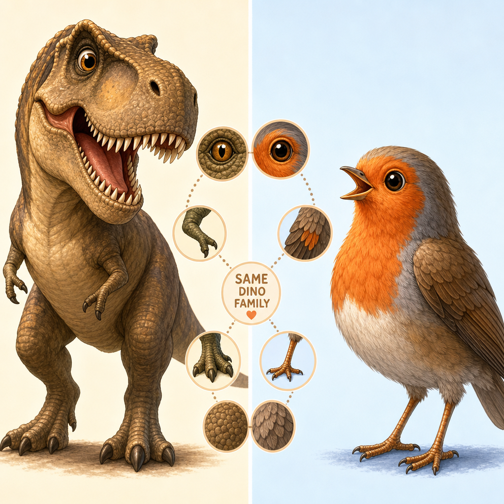 Split-scene illustration showing a friendly T. rex on one side and a colorful modern bird on the other, suggesting family resemblance