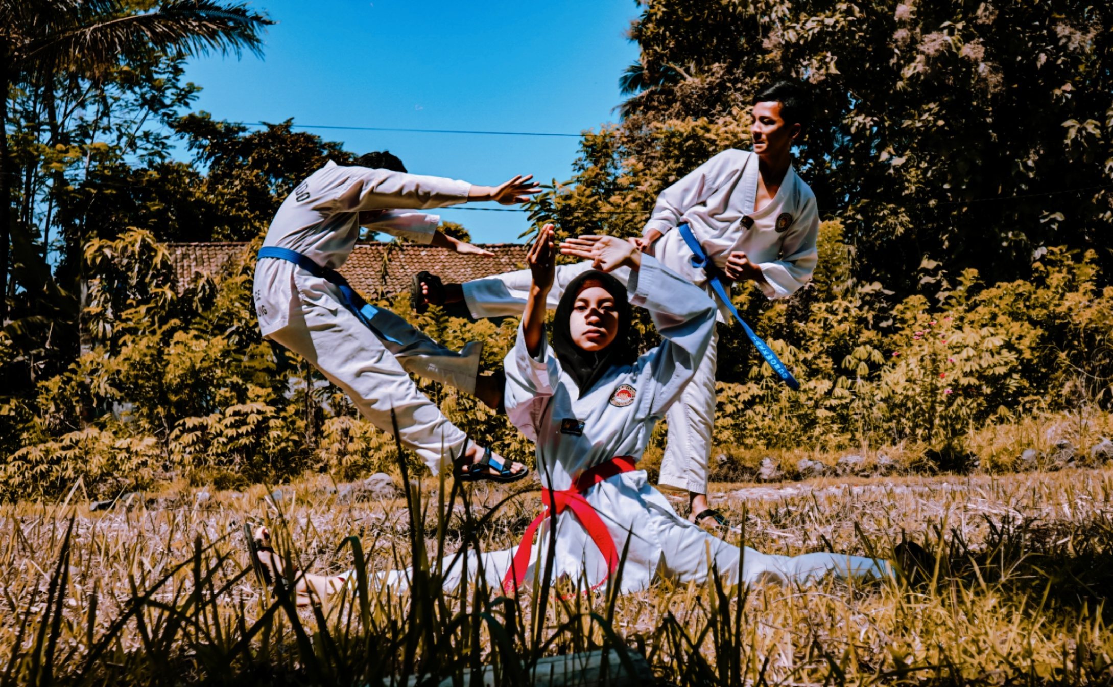 Students practicing a basic taekwondo kick in a class setting.