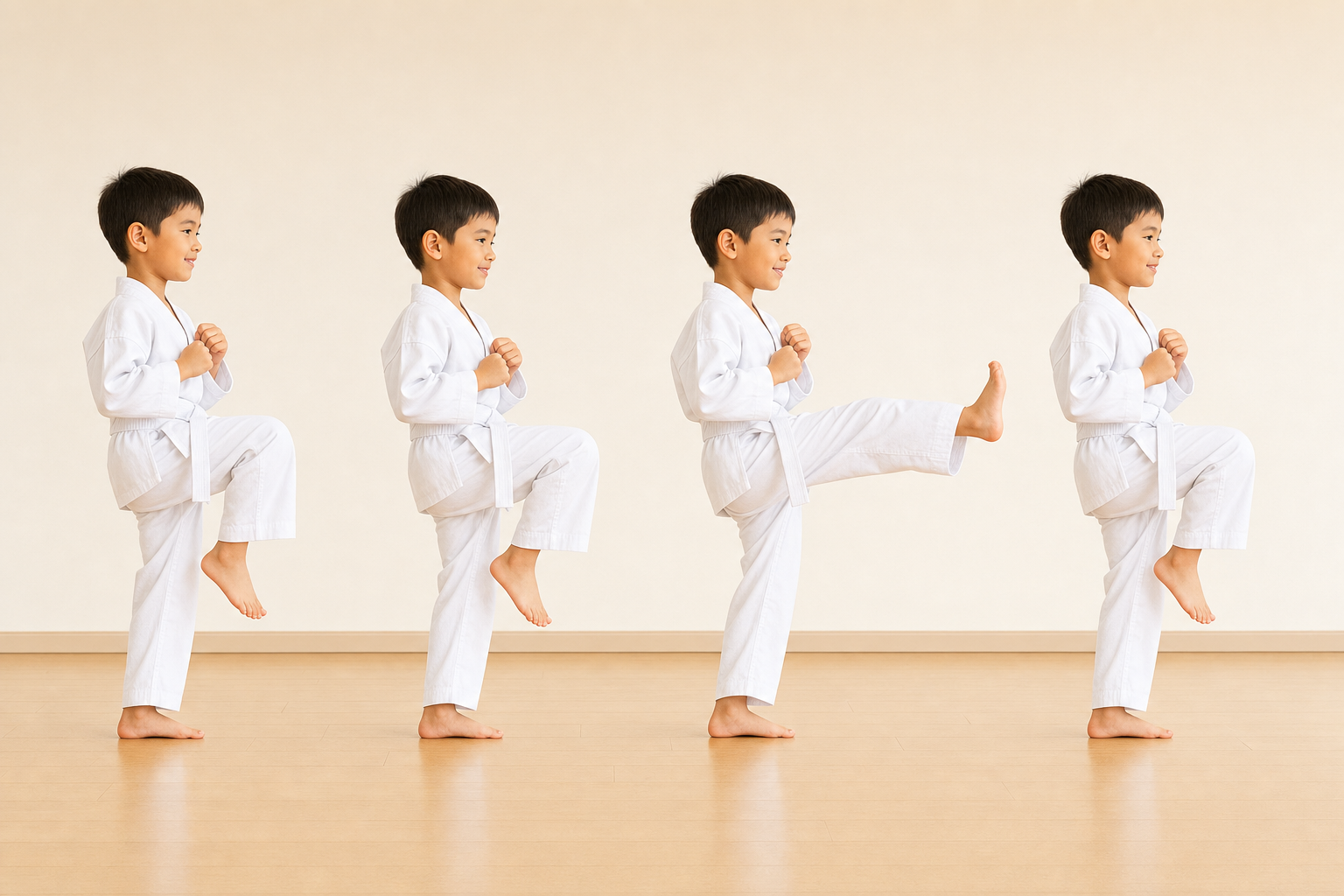 Four clear views of a child bending the knee, balancing, snapping a front kick, and pulling the foot back.