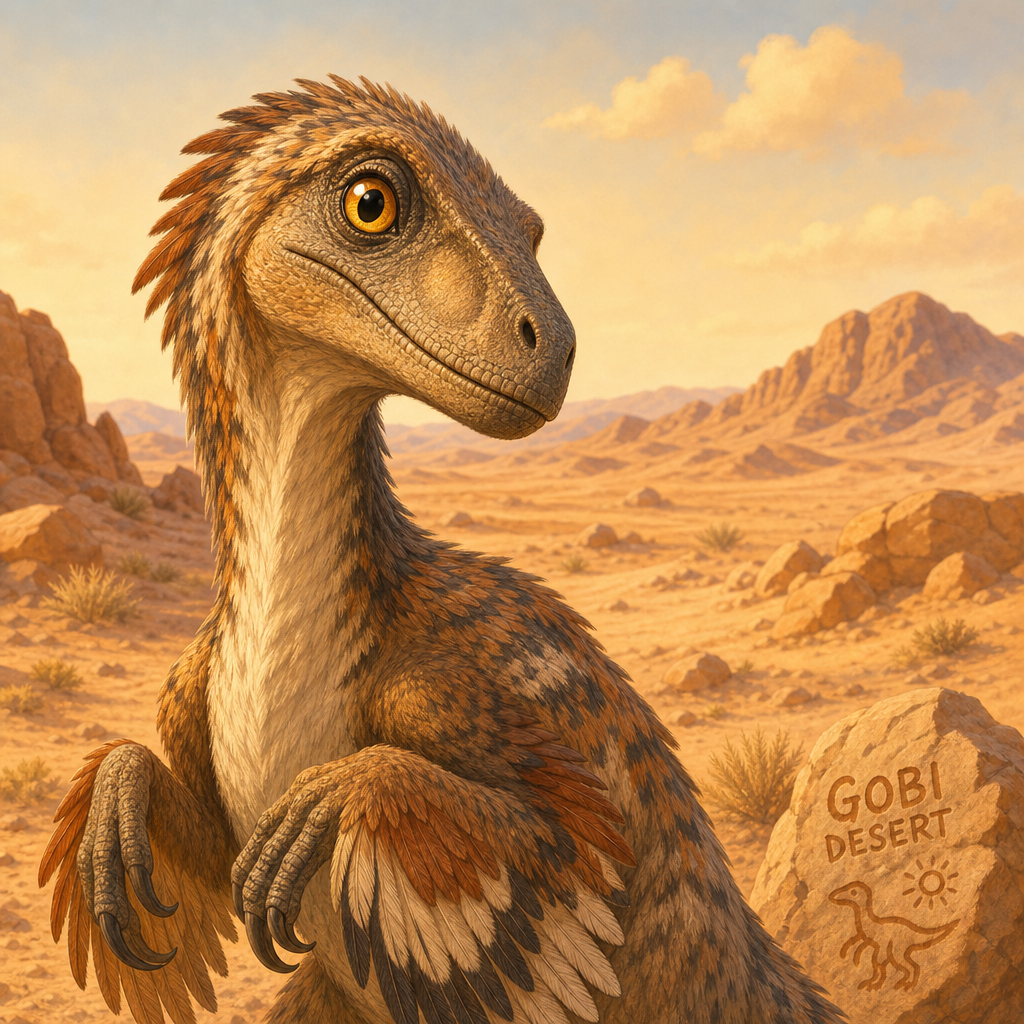 A clever-looking feathered Velociraptor with bright alert eyes, tilting its head as it observes its desert surroundings