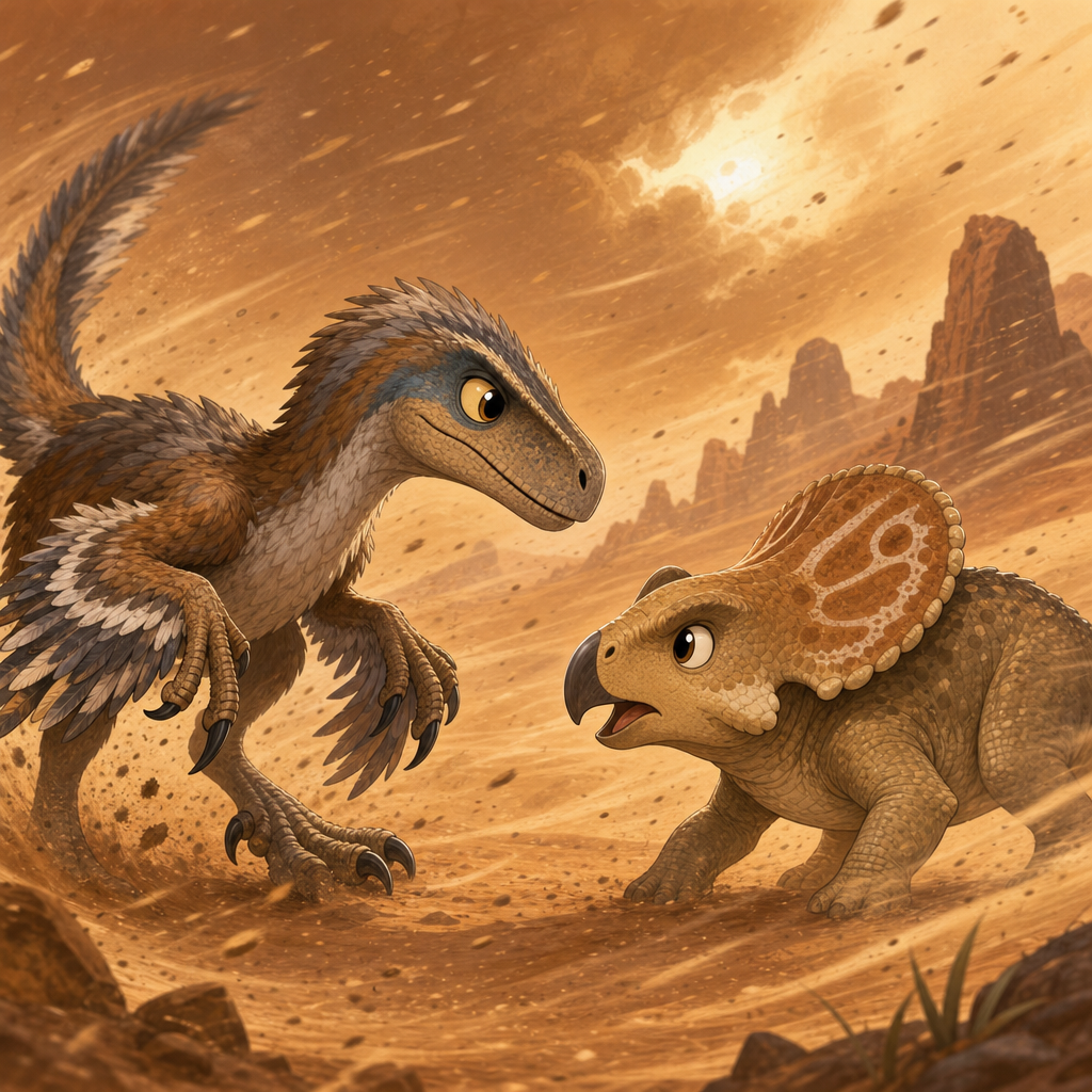 A feathered Velociraptor and a beaked Protoceratops facing off in a dramatic desert sandstorm