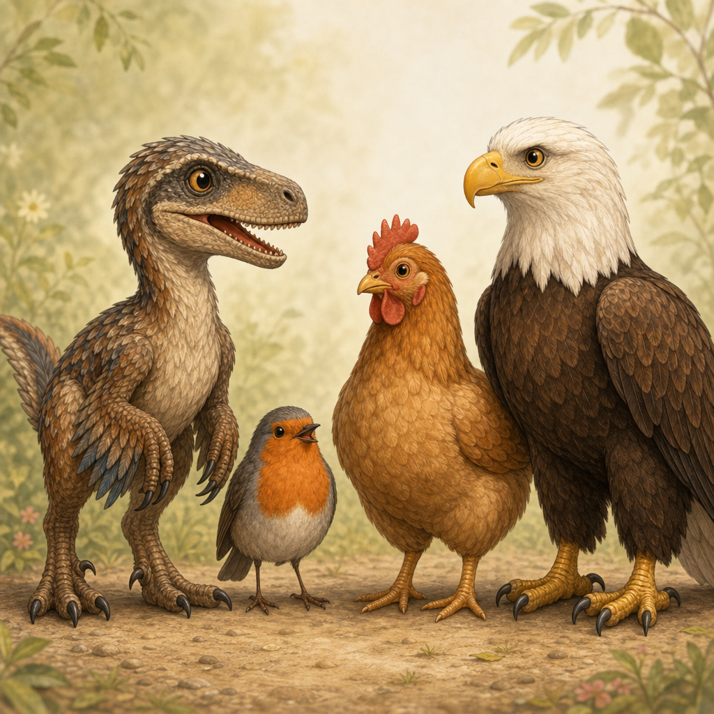 A feathered Velociraptor standing next to a robin, a chicken, and an eagle, highlighting their family resemblance