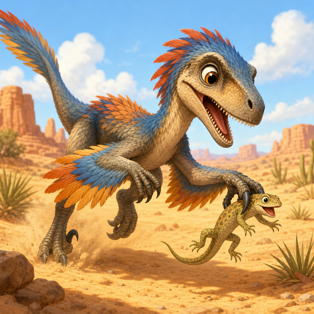 A feathered Velociraptor catching a lizard in a sandy desert, shown in a playful child-friendly style